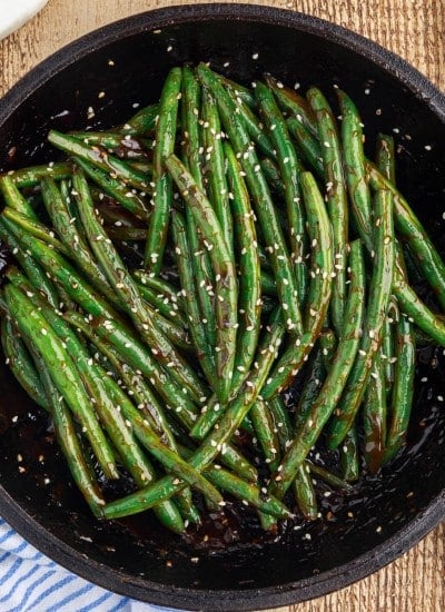 Top view of Chinese buffet green beans.