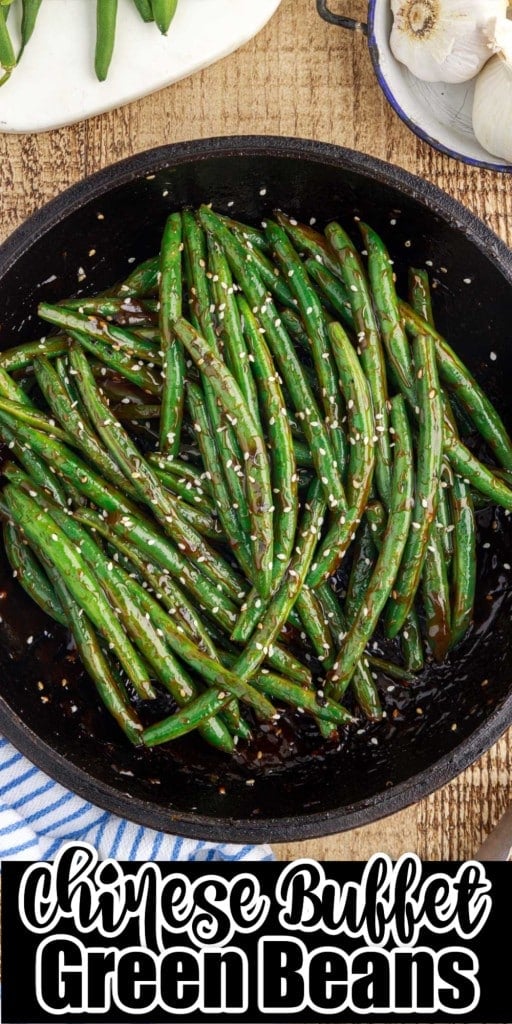 Close up of Chinese buffet green beans in pan.