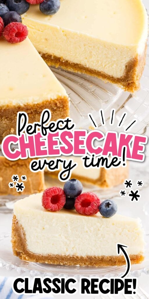Classic Cheesecake with berries on top and text overlay.