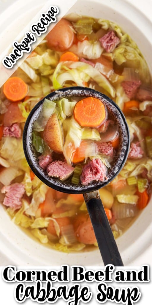corned beef and cabbage soup on ladle being scooped out from crockpot