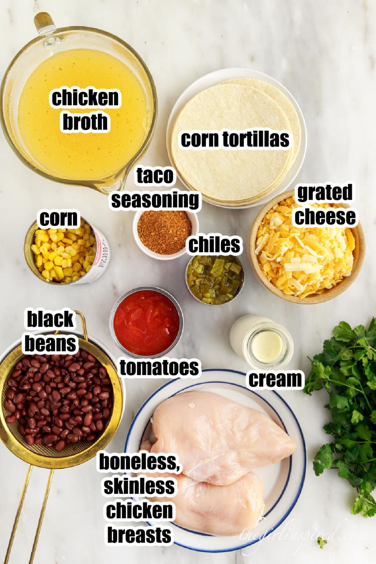 individual ingredients for creamy chicken tortilla soup with text labels.