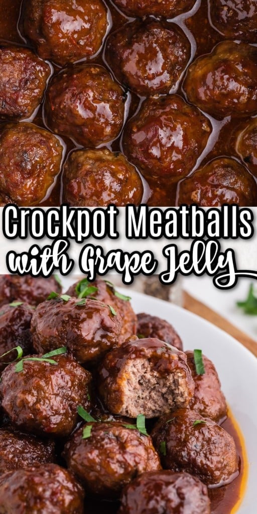 zoomed view of platter of crockpot meatballs with grape jelly and chilli sauce