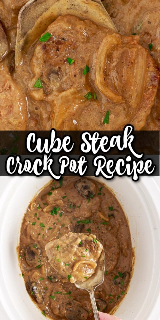close up of cube steak in a crockpot with a metal spoon inserted