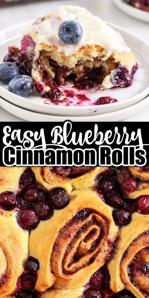 Two stacked plates with a blueberry cinnamon roll on it and a bite missiong from it, close up of baked blueberry cinnamon rolls in a glass dish on the bottom