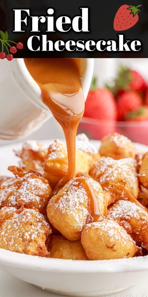 Close up of caramel sauce poured on fried cheesecakes.