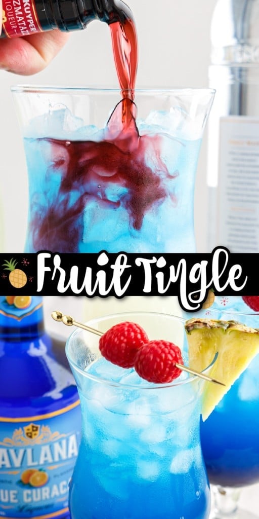 Tall glass filled with ice, vodka, Blue Curacao, and lemonade, hand pouring raspberry cordial into the glass and two glasses of fruit tingle and a bottle of Blue Curacao in the bottom
