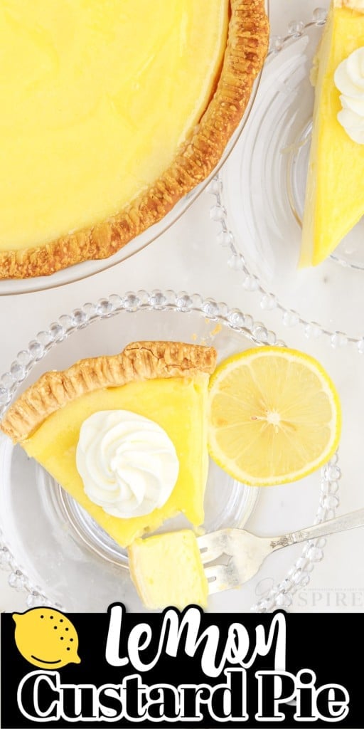 Overhead shot of slices of lemon custard pie on decorative plates with sliced lemon on the side and rest of the custard pie in a pie dish