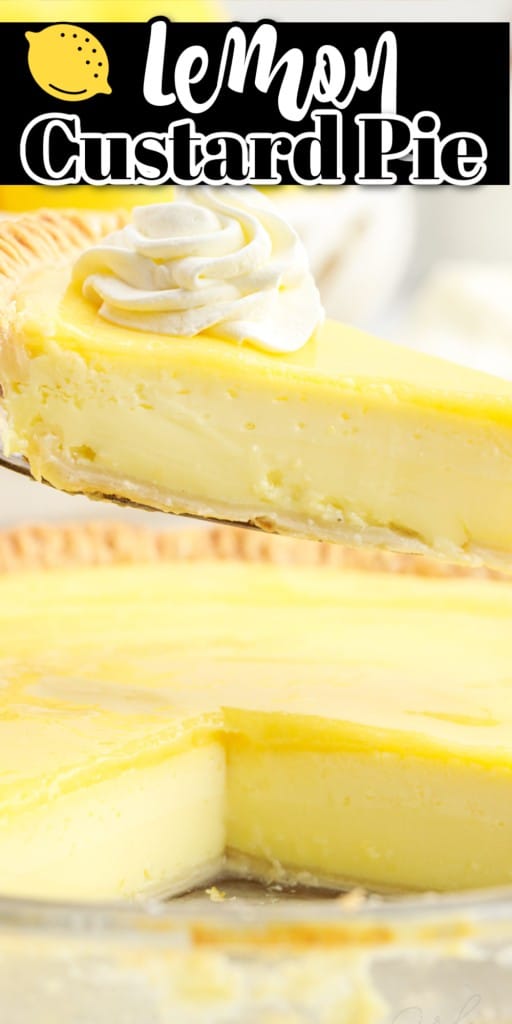 A slice of lemon custard pie on a pie server with a dollop of whipped topping on top.