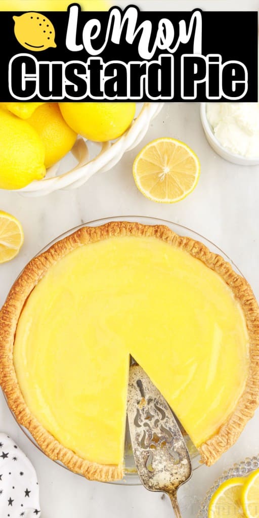 Lemon custard pie with a slice missing.