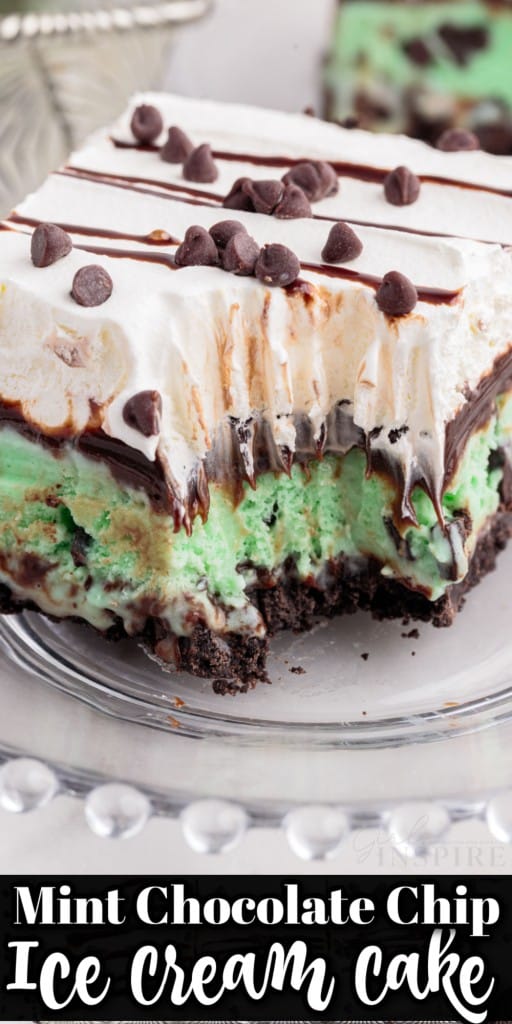 front view of a bite missing from a slice of mint chocolate chip ice cream cake on a plate