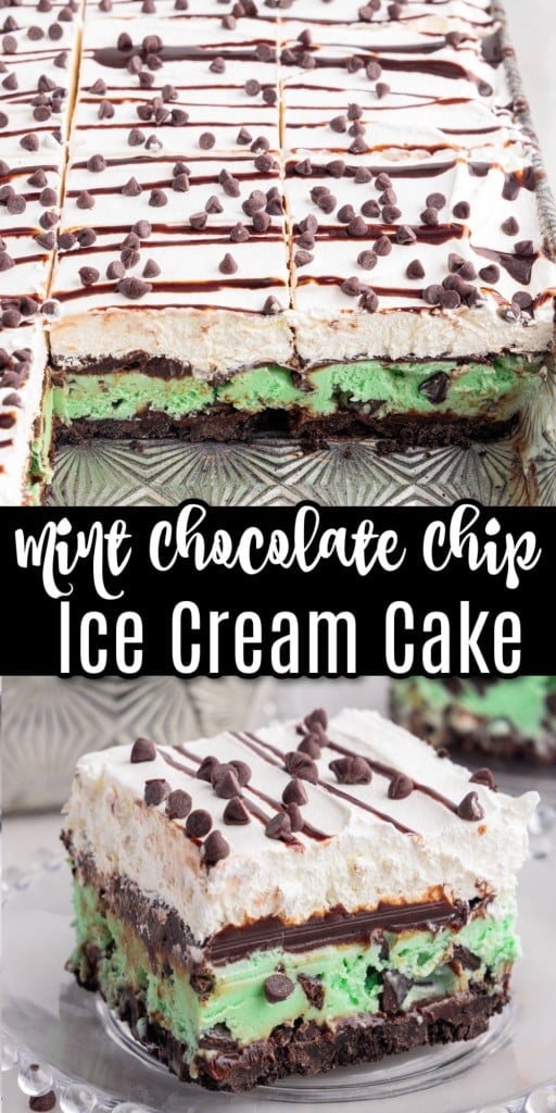 mint chocolate chip ice cream cake with a few slices missing from a 9x13 and a close up of a slice of the cake on a glass plate in the bottom