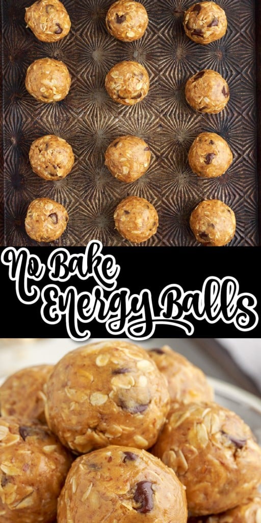 Overhead shot of no bake energy balls on a baking sheet on top and front close up of no bake energy balls in small glass dish in the bottom