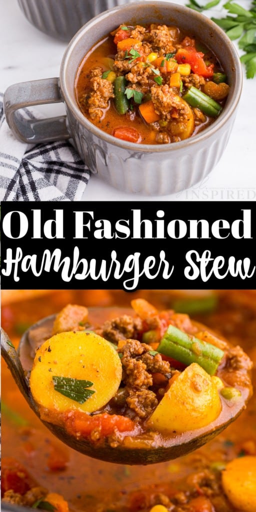 Close up of metal ladle holding Old Fashioned Hamburger Stew over the pot of stew and a cup filled with stew on marble countertop