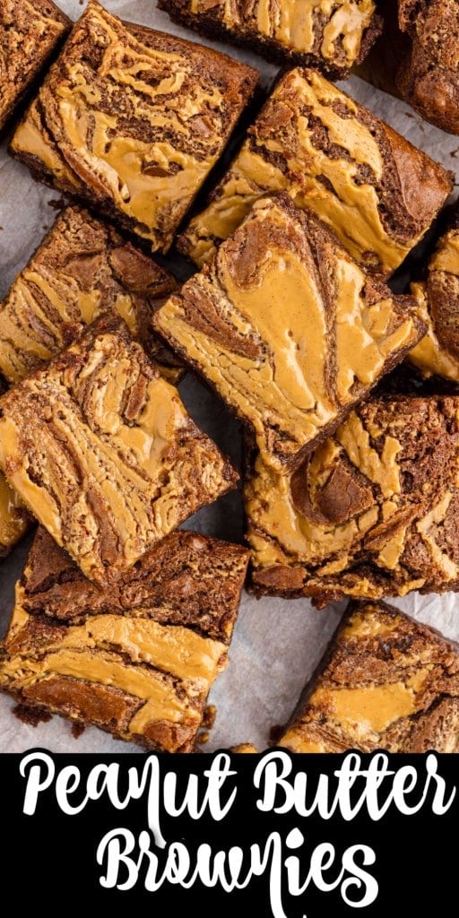 top view of peanut butter brownies cut into squares on parchment paper