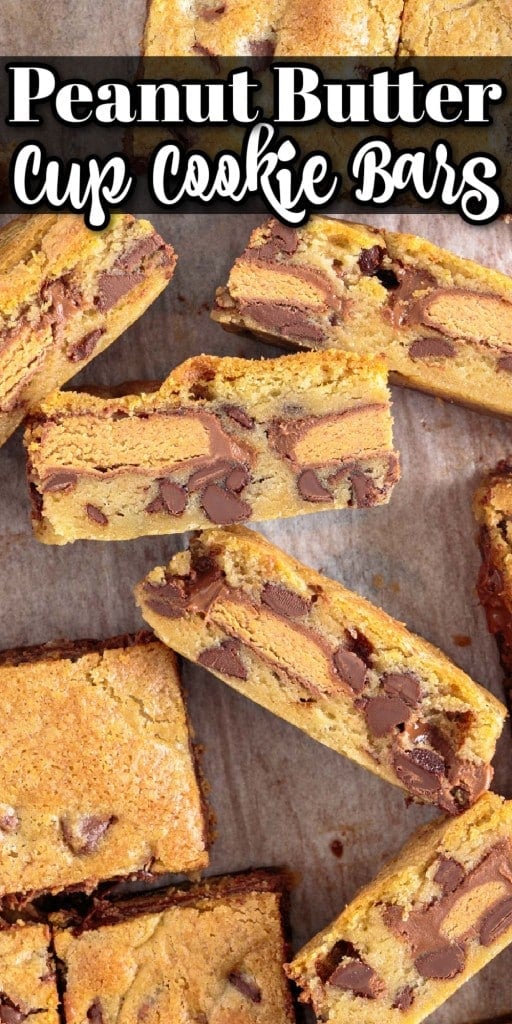 Top close view of peanut butter cup cookie bars on cutting board