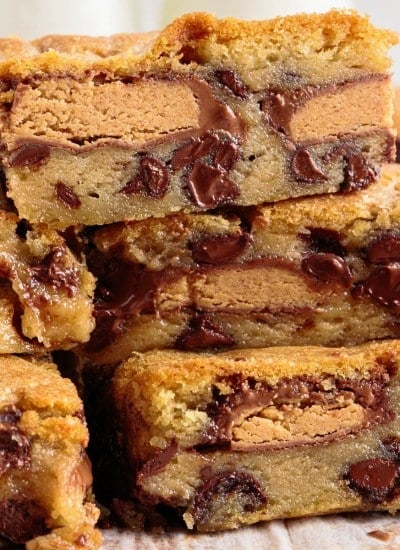 Zoomed front view of peanut butter cup cookie bars.