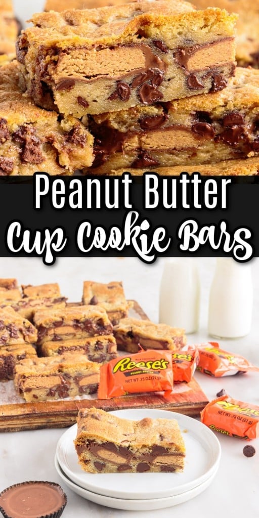 A small plate with a piece of a peanut butter cup cookie bar on it with Reese's in the background and additional bars and close up of stacked bars on top