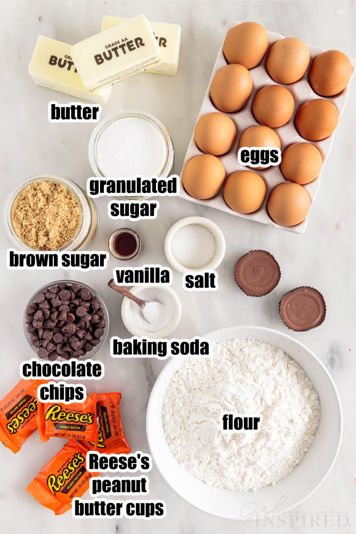 Individual ingredients for peanut butter cup bars with text labels.