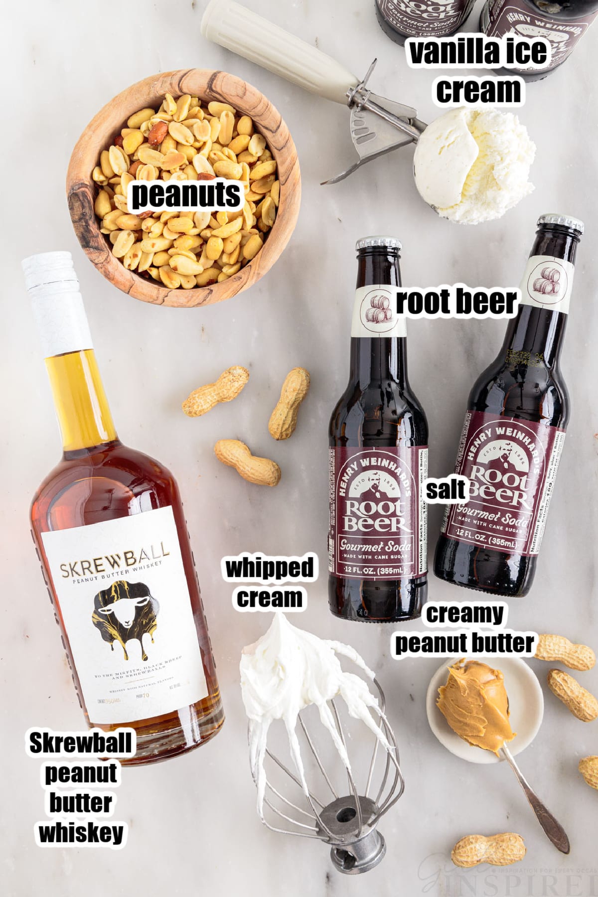Ingredients needed to make peanut butter whiskey and root beer with text overlay.