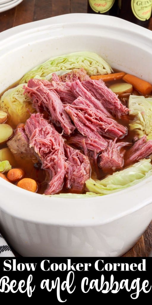 front view of corned beef and cabbage in slow cooker