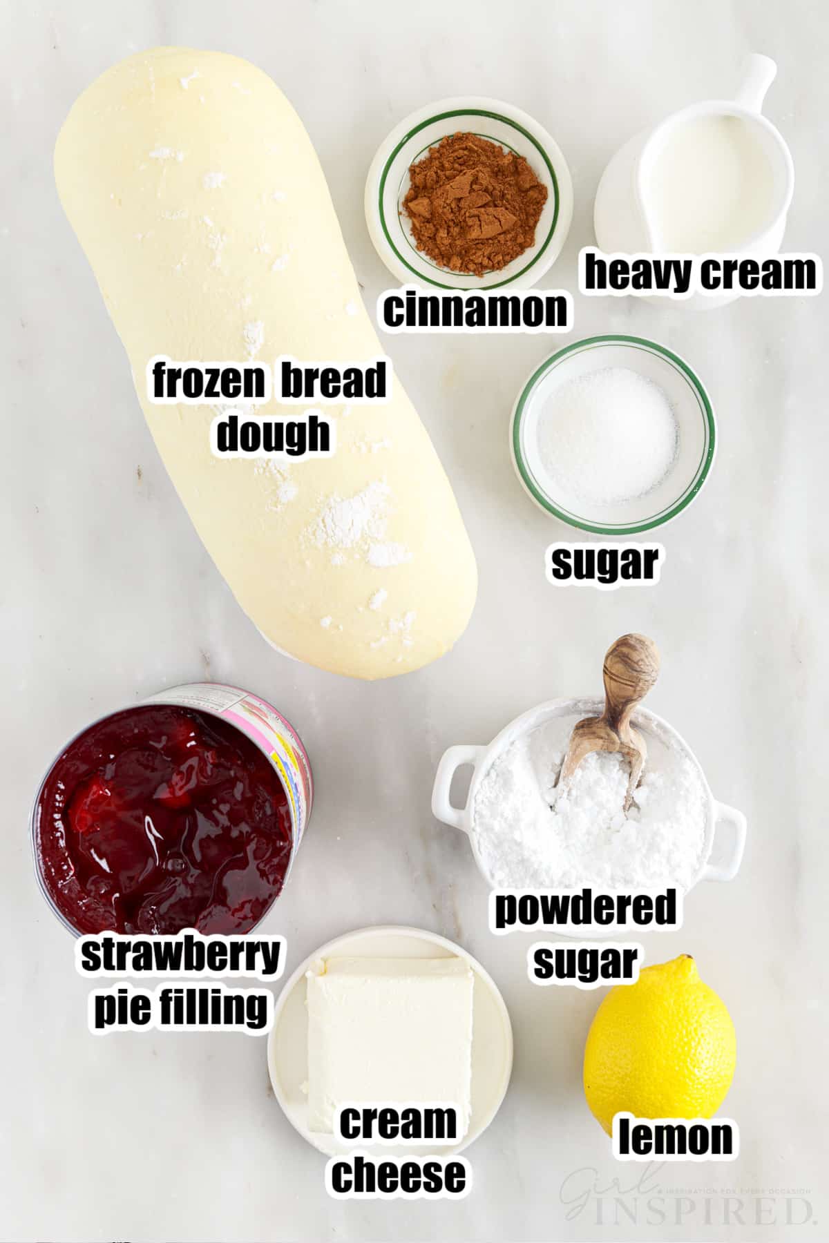 Individual ingredients for strawberry cinnamon rolls with text labels.