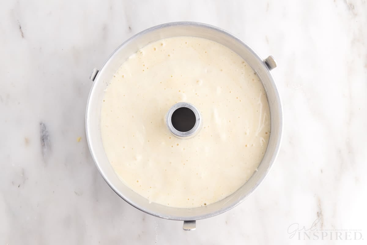 Vanilla Chiffon Cake batter in a 10-inch tube pan.