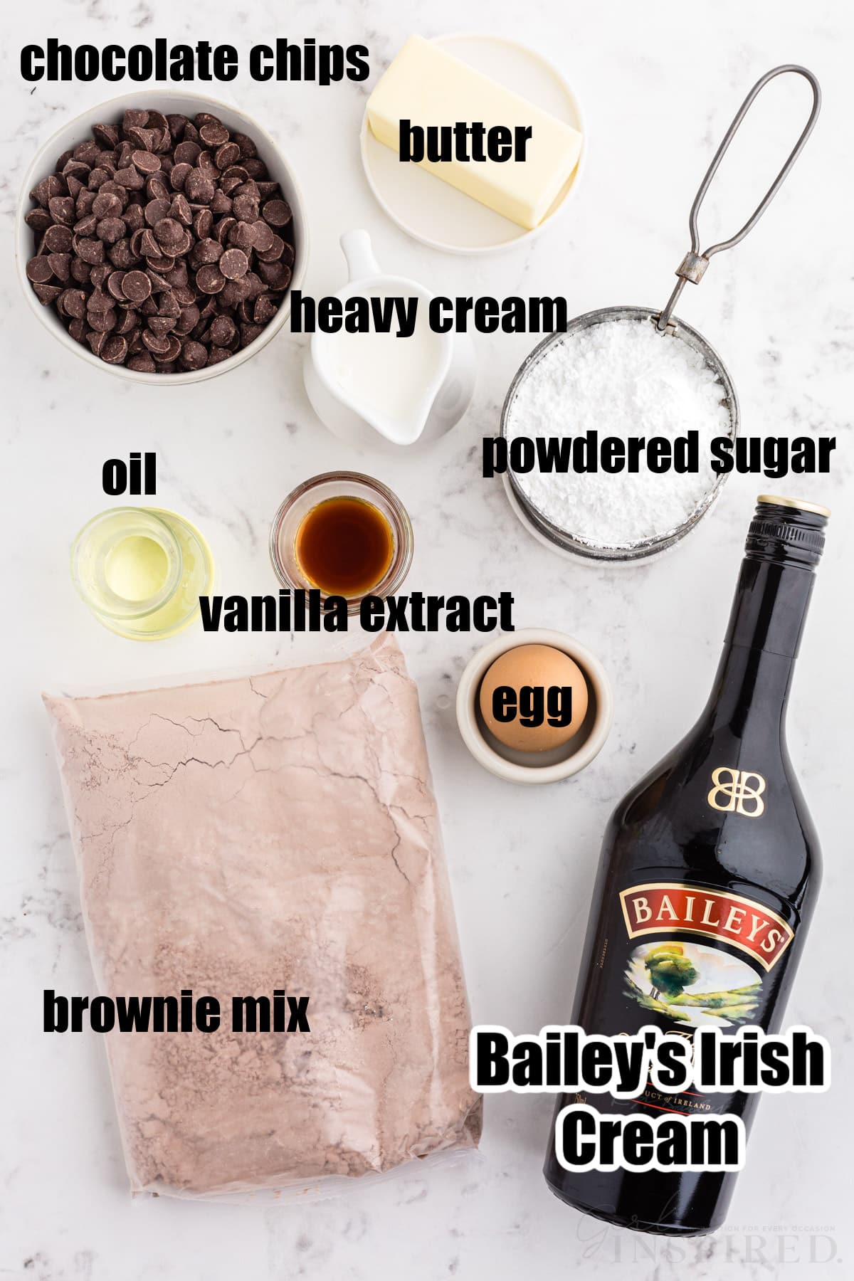 individual ingredients for Bailey's brownies with text labels