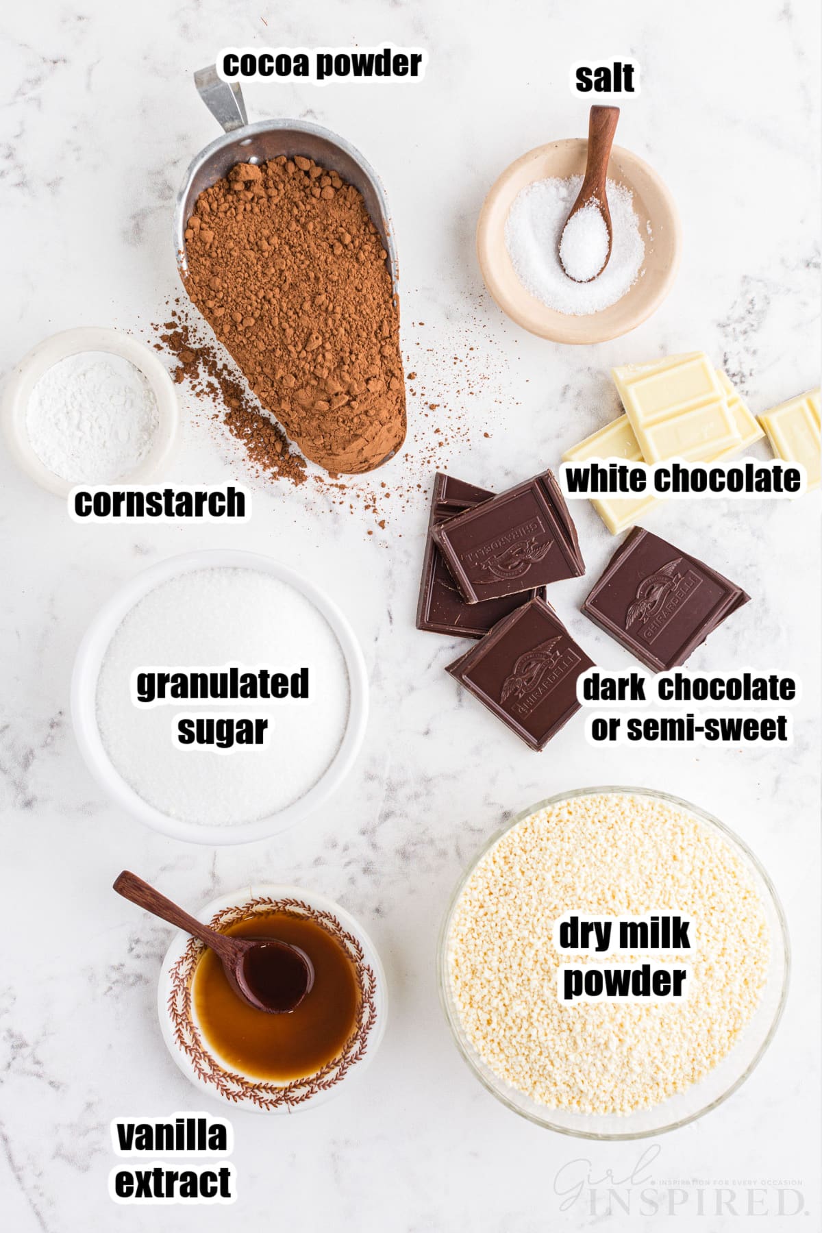 Individual ingredients for homemade hot cocoa mix.