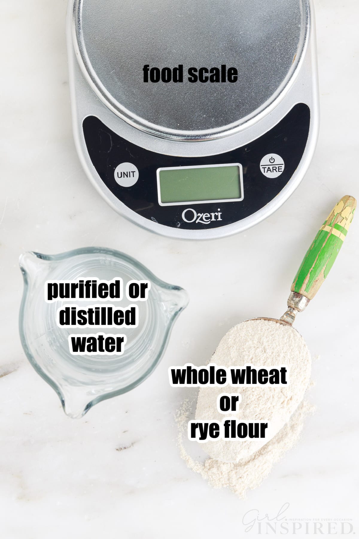 food scale, scoop of flour, and carafe with water, with text labels.