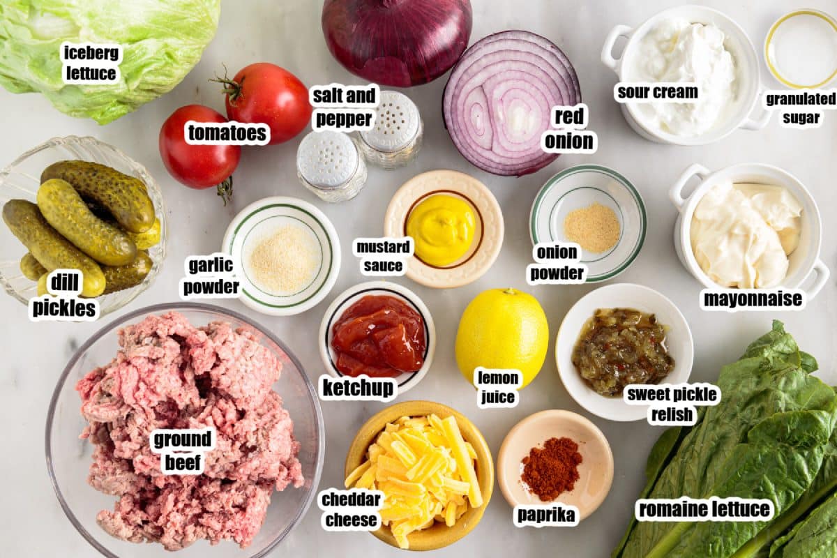 Individual ingredients for Big Mac salad with text labels.