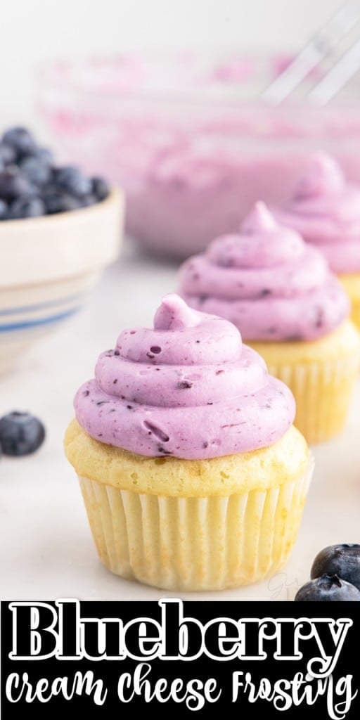 Front view of Blueberry cream cheese muffin with Blueberry cream cheese frosting