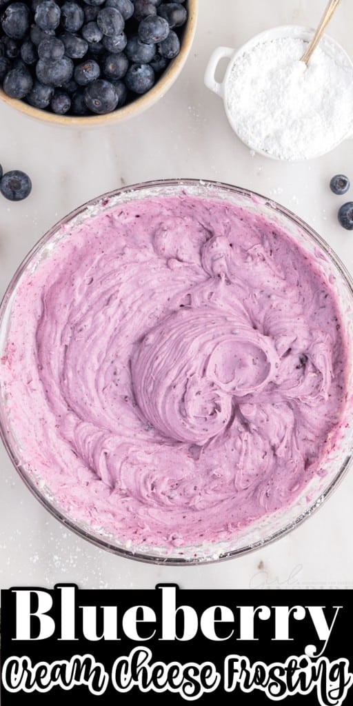 Overhead view of Blueberry Cream Cheese Frosting in a mixing bowl