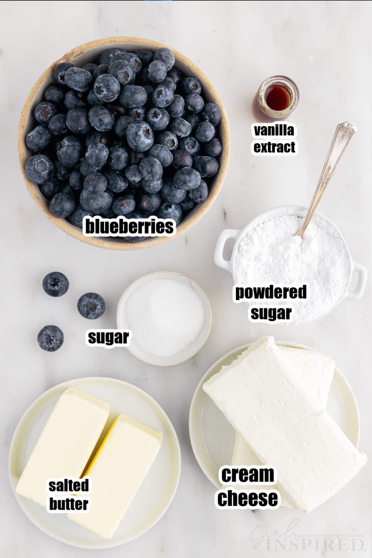 Ingredients needed to make Blueberry Cream Cheese Frosting.