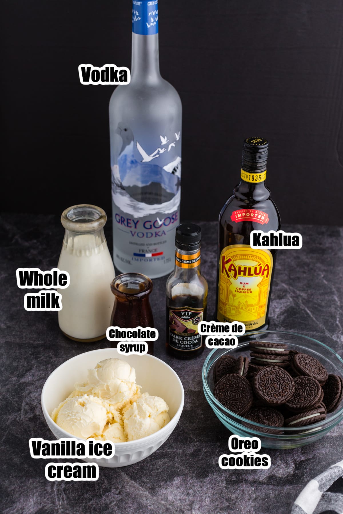 Boozy Oreo Milkshake ingredients, ready to be used.