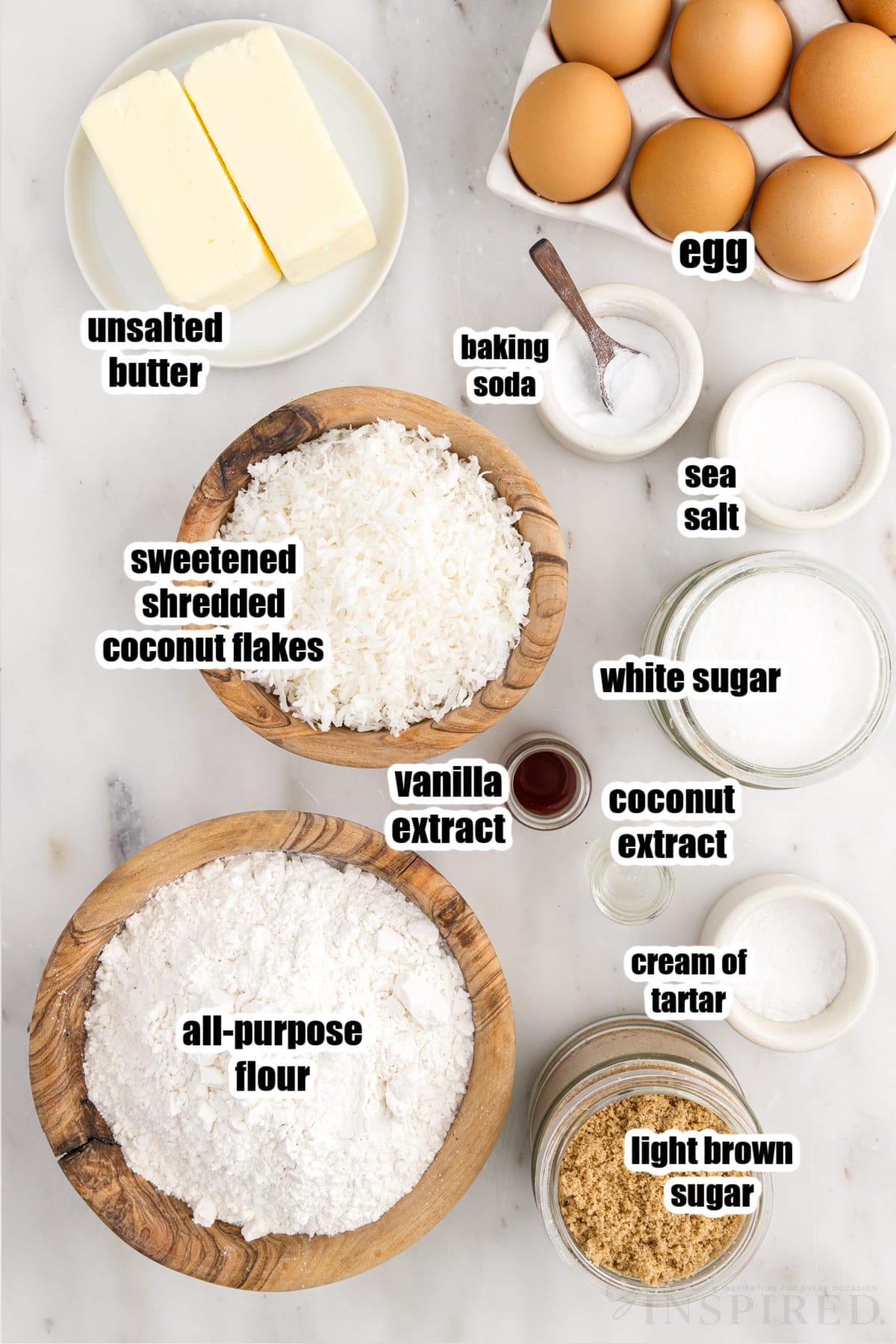 Ingredients needed to make Chewy Coconut Cookies.