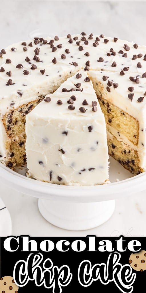 Front view of Chocolate Chip Cake with slices missing.