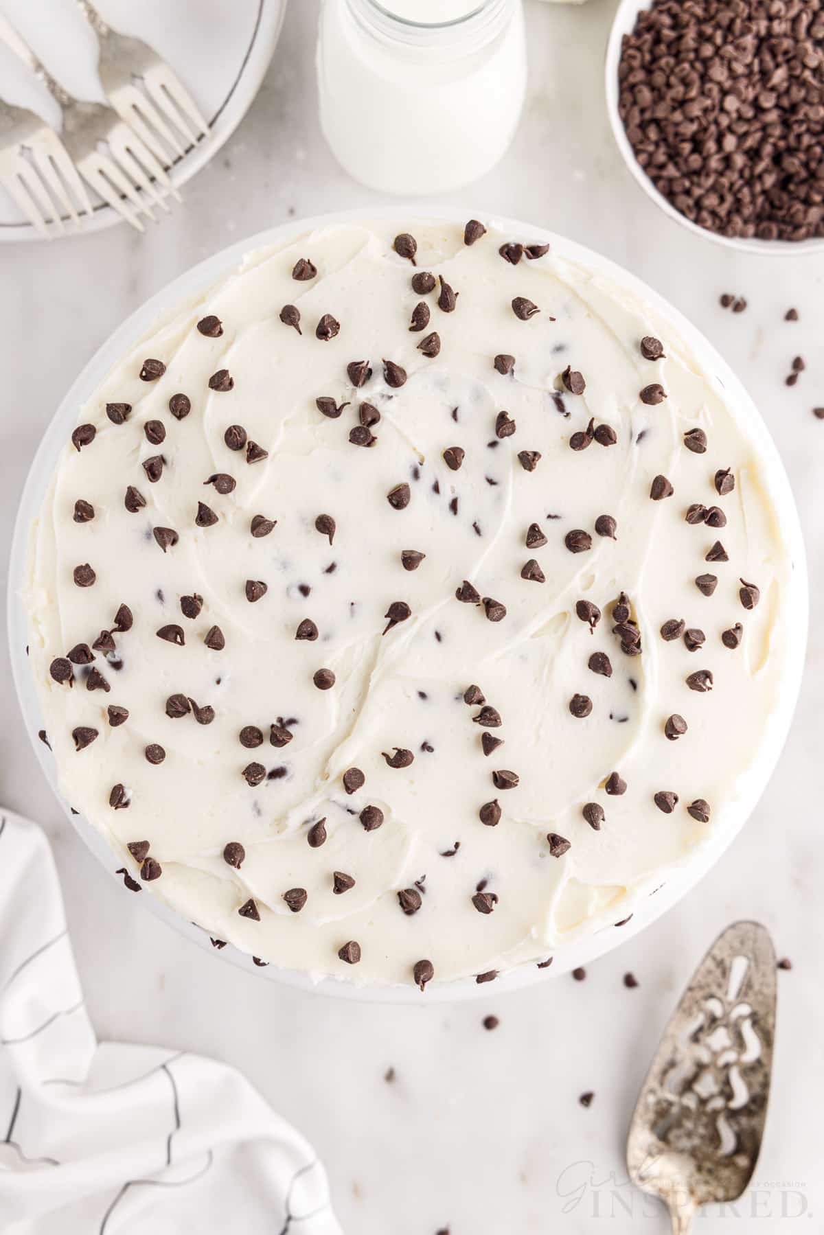 Overhead view of Chocolate Chip Cake.