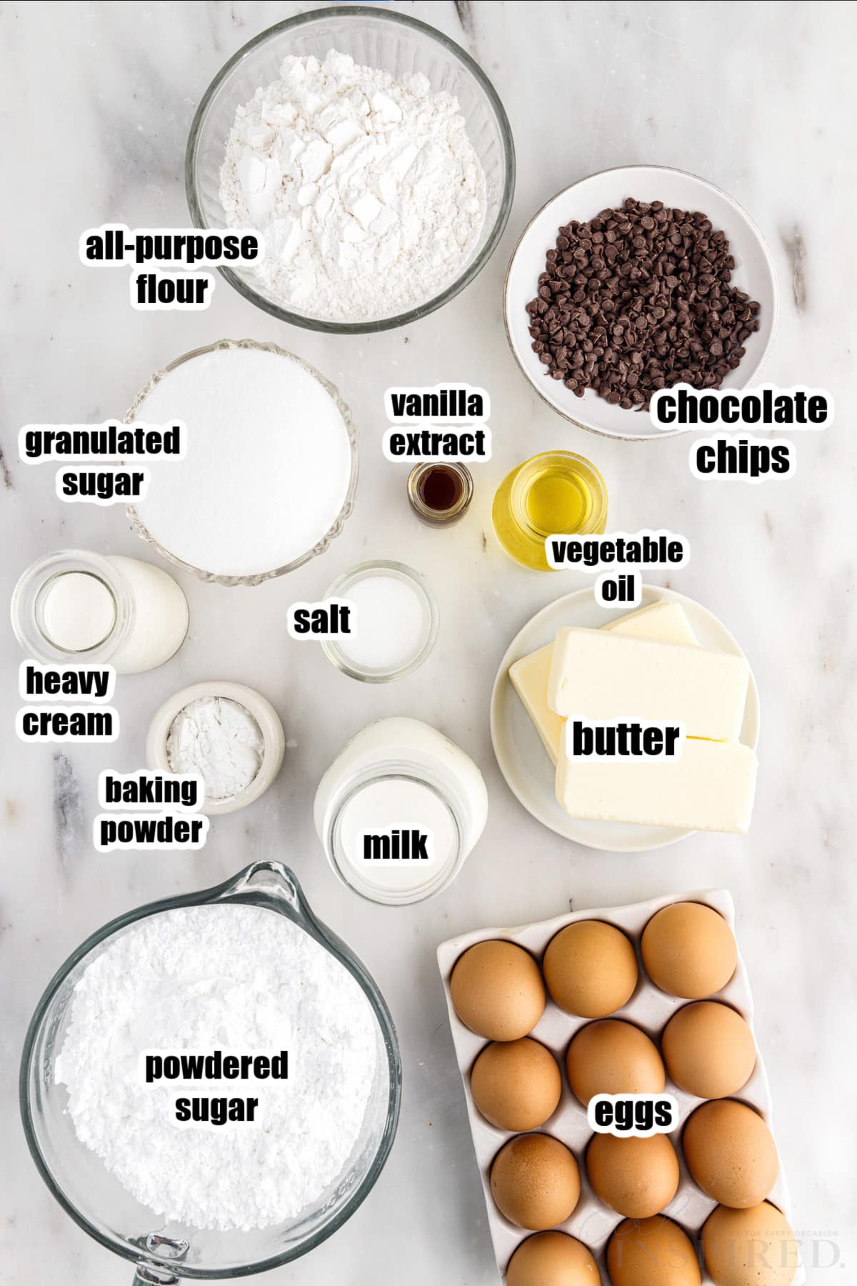 Ingredients needed to make Chocolate Chip Cake.