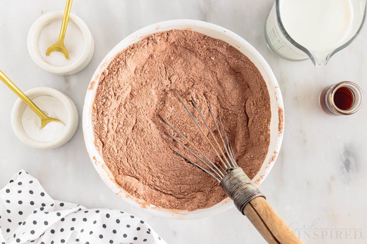 Dry ingredients mixed together to make Chocolate Mayonnaise Cake.