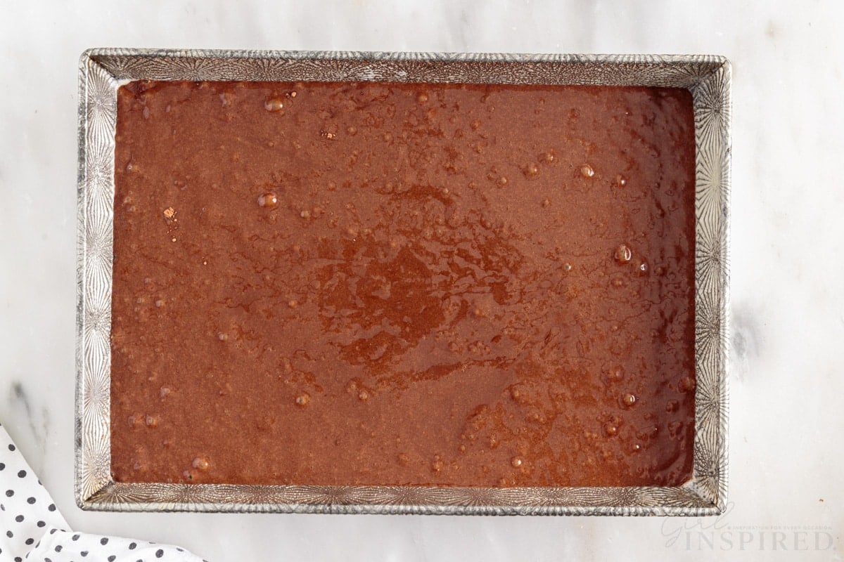 Chocolate Mayonnaise Cake batter in a 9x13 pan.