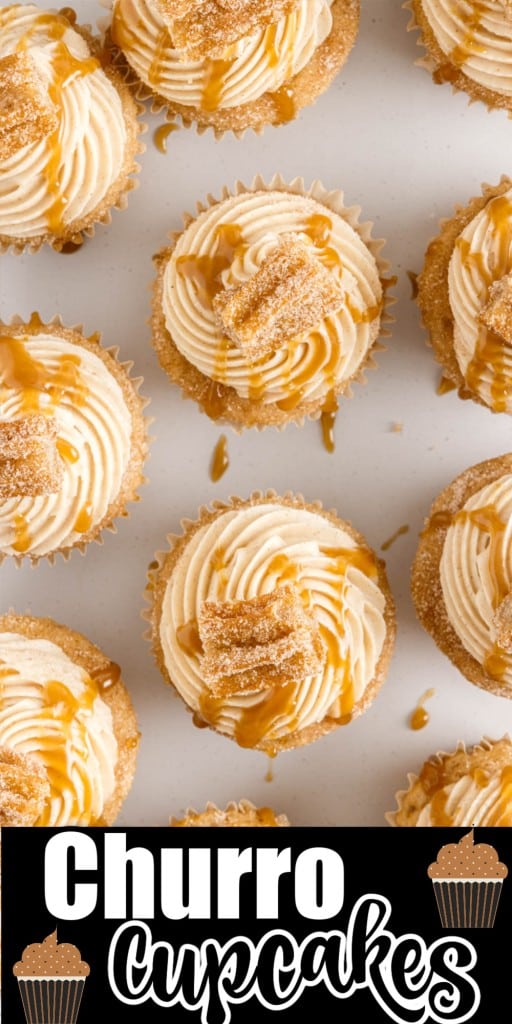 Overhead shot of a 9x13 of Churro Cupcakes drizzled with caramel sauce.
