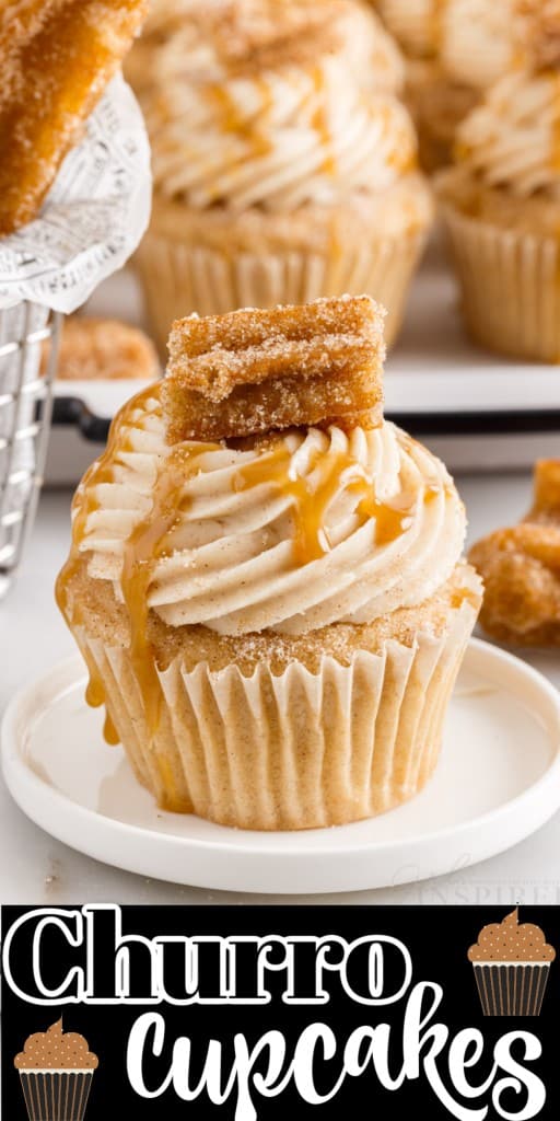 A Churro Cupcake on a dish, in front of Churros and Churro Cupcakes on a platter.
