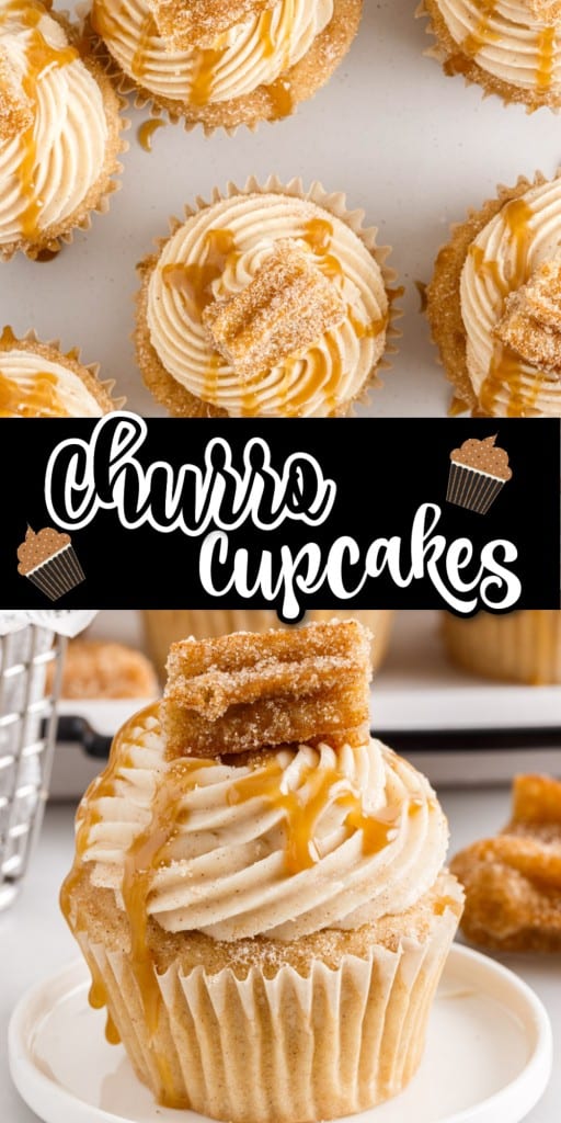 A Churro Cupcake on a dish, in front of Churros and Churro Cupcakes on a platter.