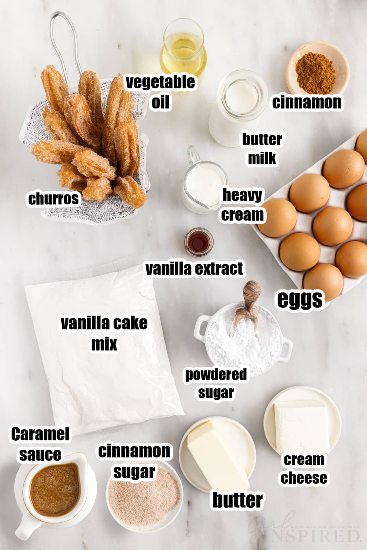Ingredients needed to make Churro Cupcakes.