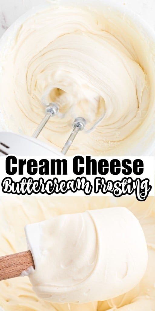 Electric mixer beating the cream cheese buttercream ingredients in a mixing bowl.