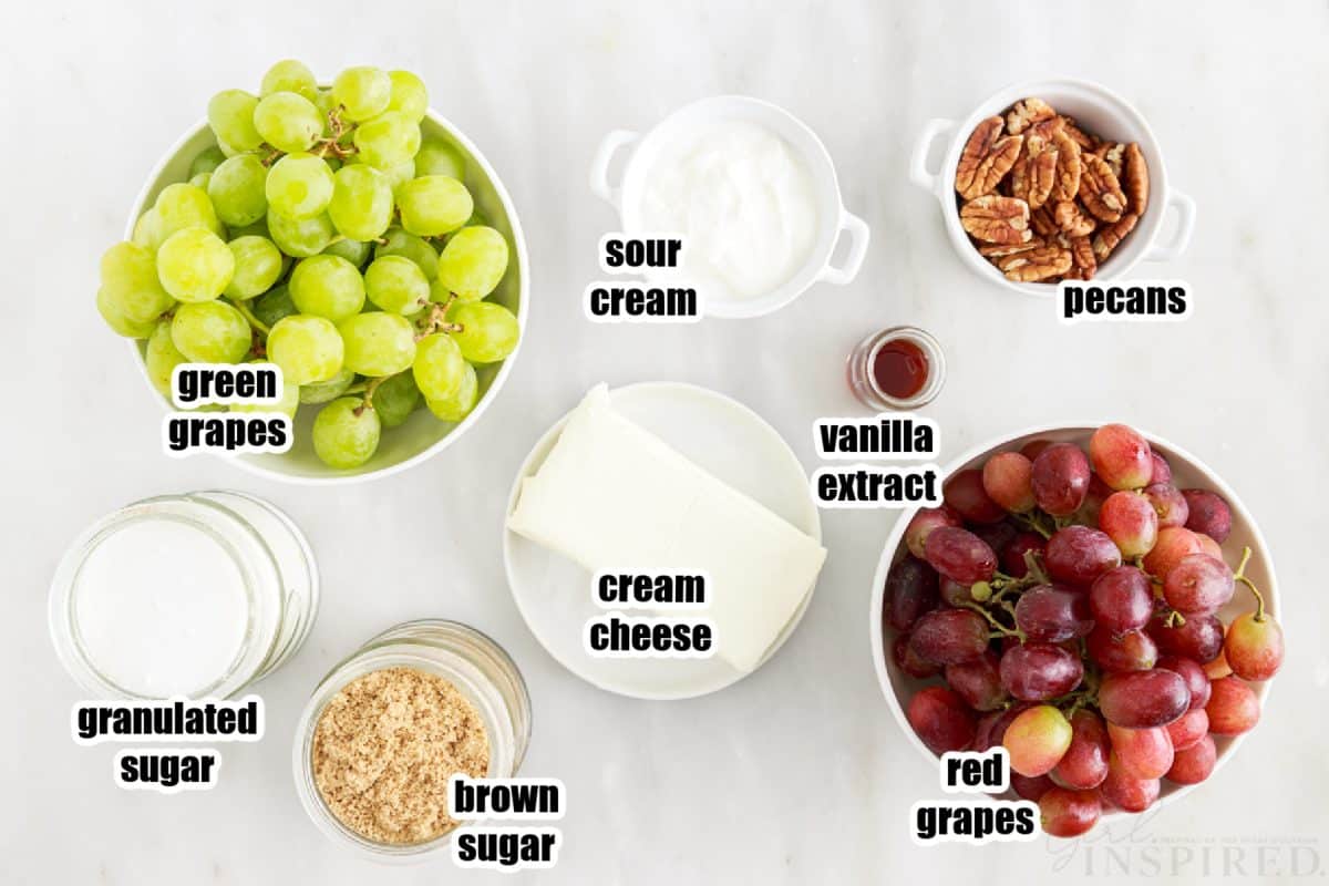 Individual ingredients for the grape salad with text labels.