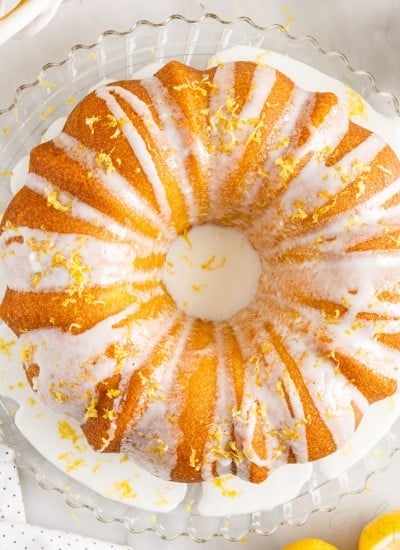 Close overhead view of Duncan Hines Lemon Cake Mix Recipe on a decorative platter.
