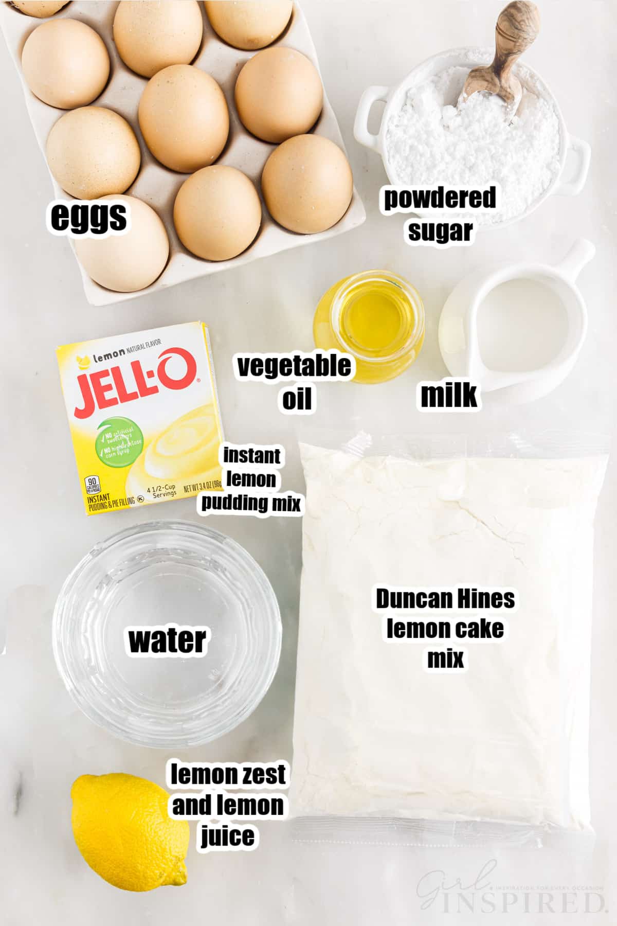 Ingredients needed to make Duncan Hines Lemon Cake Mix Recipe.