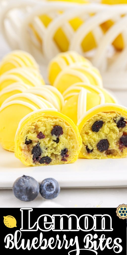 Side view of lemon blueberry bites on a platter with one sliced open.