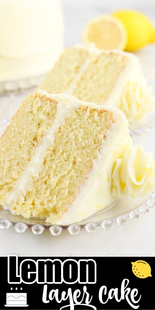 A close up of two slices of Lemon Layer Cake in front of a cut up lemon, the cake in the background.